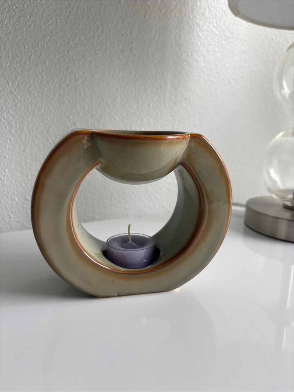Ceramic Tea Light Oil Warmer in Green-Brown Glaze -PartyLite